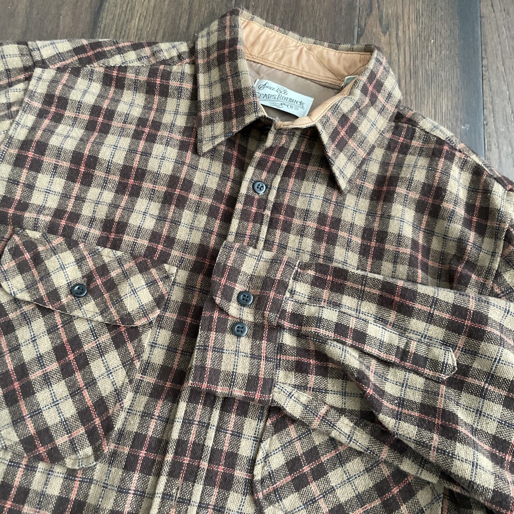 Vintage Sears Roebuck‎ Shirt Mens T Large Brown Plaid Wool Blend Flannel 90s